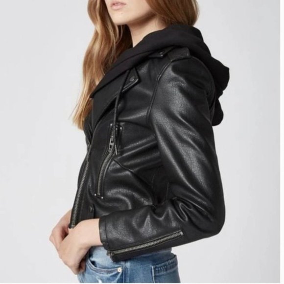 Blank NYC NEO Black Vegan Leather Zip Moto Jacket removable knit hood XS - Picture 14 of 14